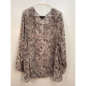 Lane Bryant Sheer Paisley Long sleeve tassels pink gray black blouse 22/24